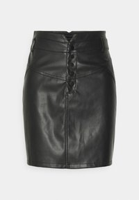 Mini jupe en cuir noir avec taille haute, fermeture à boutons à l'avant et détails de couture. Texture lisse avec une silhouette ajustée.