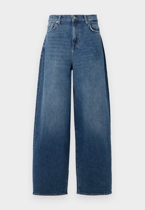 Bredde ben jeans laget av mørkeblå denim. Har høy midje, fem lommer og lukking med nepp. Litt falmet tekstur over hele.