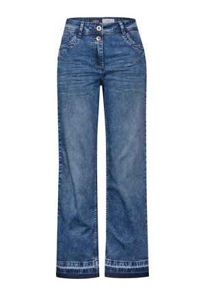 Jean en denim bleu à jambes larges, fermeture à double bouton, et poches avant avec coutures détaillées.