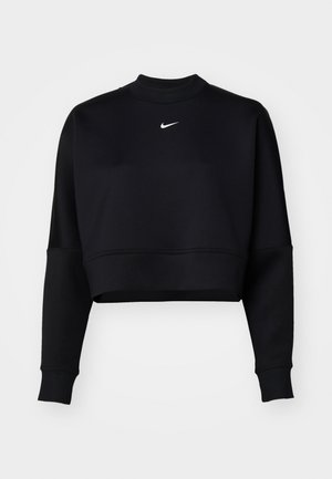 Sweatshirt noir court en tissu doux. Présente un col montant, des manches longues et un logo Nike blanc sur la poitrine. Texture lisse.