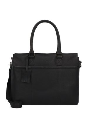 Borsa a tracolla nera in pelle con due manici, cinturino regolabile, chiusura superiore e tasca frontale con un'etichetta piccola. Texture liscia e design minimal.