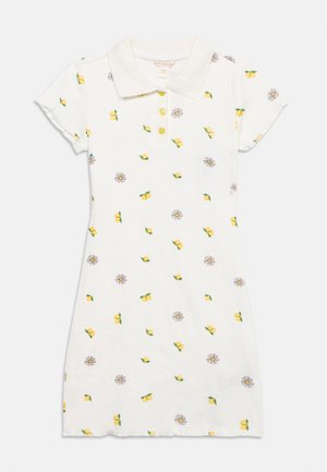White short-sleeve polo dress with yellow lemon and white daisy floral print, three yellow buttons, and a collar.