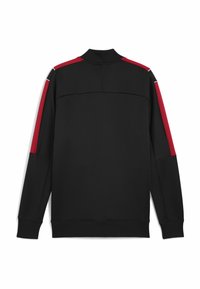 Sort sports sweatshirts med høj krave, prydet med røde accentstriber på skuldrene og en glat, mat tekstur.