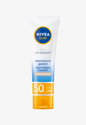 Nivea Sun UV face cream SPF 50, mattifying tinted for light skin, smooth complexion, high UVA UVB protection, white and orange tube.