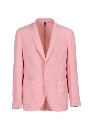 Muški ružičasti laneni sako s ušicom na reveru, dva prednja gumba, tri džepa i dugim rukavima na bijeloj pozadini.