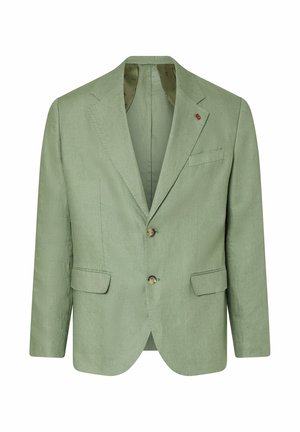 Blazer homme vert clair avec revers crantés, fermeture à deux boutons sur le devant, poches avant à rabat et poche poitrine passepoilée, présenté sur fond blanc.