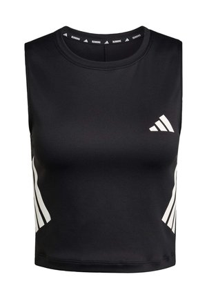 Top deportivo corto negro con escote redondo, hecho de tela que absorbe la humedad; presenta rayas diagonales blancas y el logo de la marca en el frente.