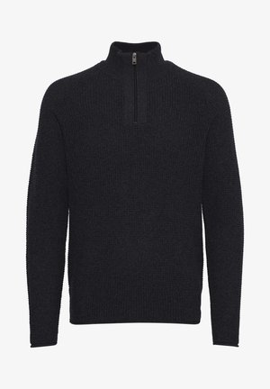 Sötétszürke, félcipzáras pulóver, texturált kötött anyagból, hosszú ujjakkal, bordázott nyakkal és mandzsettákkal.