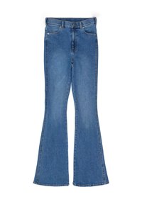 Vaqueros de pierna acampanada en denim azul, con un diseño clásico de cinco bolsillos, trabillas para el cinturón y un ligero desvanecimiento en la parte delantera y trasera.