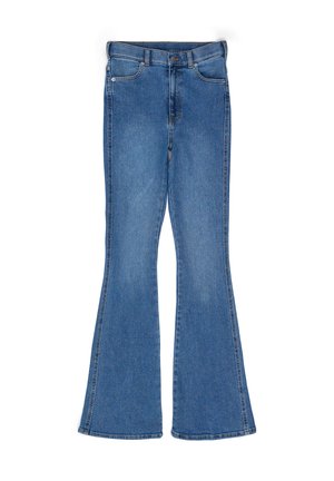 Blue flared jeans made from denim, featuring a classic five-pocket design, belt loops, and subtle fading along the front and back.