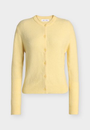 Light yellow, long-sleeve, button-up wool cardigan with ribbed cuffs and hem, and a round neckline.