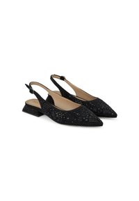 Scarpe slingback nere con punta affilata, superficie testurizzata con motivi geometrici e tacco a blocco basso. Fodera interna liscia.