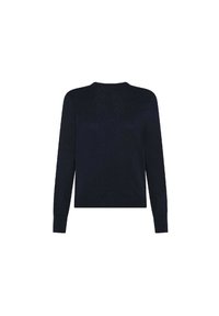 Maglione blu navy, texture a maglia, maniche lunghe, collo rotondo, orlo e polsini a coste, design casual, senza motivi o accessori visibili.