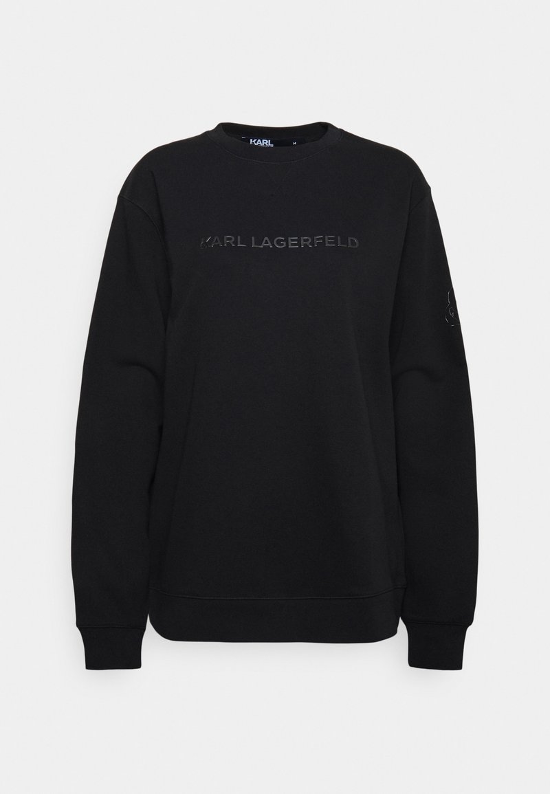 Sweat-shirt noir à manches longues avec "KARL LAGERFELD" embossé sur la poitrine, poignets et ourlet côtelés.