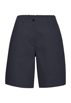 Marineblauwe shorts van lichtgewicht stof met een rechte snit, elastische tailleband en twee steekzakken aan de voorkant. Soepele textuur met een eenvoudig ontwerp.