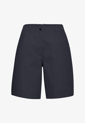 Marineblauwe shorts van lichtgewicht stof met een rechte snit, elastische tailleband en twee steekzakken aan de voorkant. Soepele textuur met een eenvoudig ontwerp.