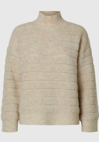 Beige polotröja med mjuk textur, med horisontella ribbmönster och ribbad nederkant samt ärmslut. Avslappnad passform.