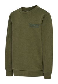 Olivgrön sweatshirt gjord av mjukt tyg med långa ärmar. Har en rund halsringning och en subtil logotyp i en mörkare grön färg på bröstet.