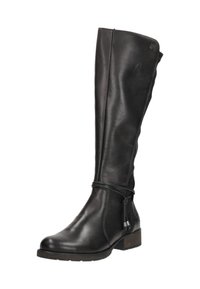 Botte noire en cuir, montant jusqu'au genou, avec un léger talon, arborant une texture douce, un design minimaliste et une sangle décorative au niveau de la cheville.