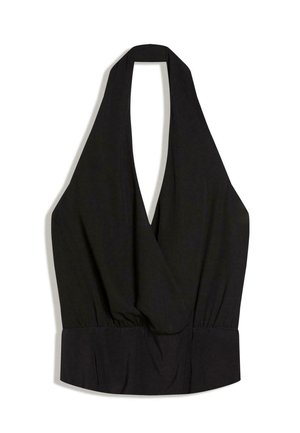 Schwarzes ärmelloses Neckholder-Top mit tiefem V-Ausschnitt und tailliertem Bund, gefertigt aus weichem, fließendem Stoff.