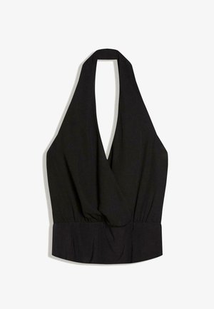 Haut noir sans manches avec col licou plongeant en V profond et taille ajustée, fabriqué en tissu doux et drapé.