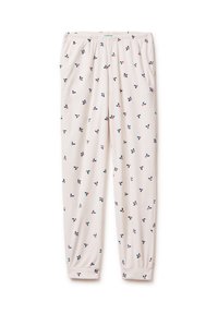 Pantaloni del pigiama color beige chiaro realizzati in tessuto morbido, con un motivo floreale ripetuto in blu navy, rosso e verde. Vita elasticizzata e gambe leggermente svasate.