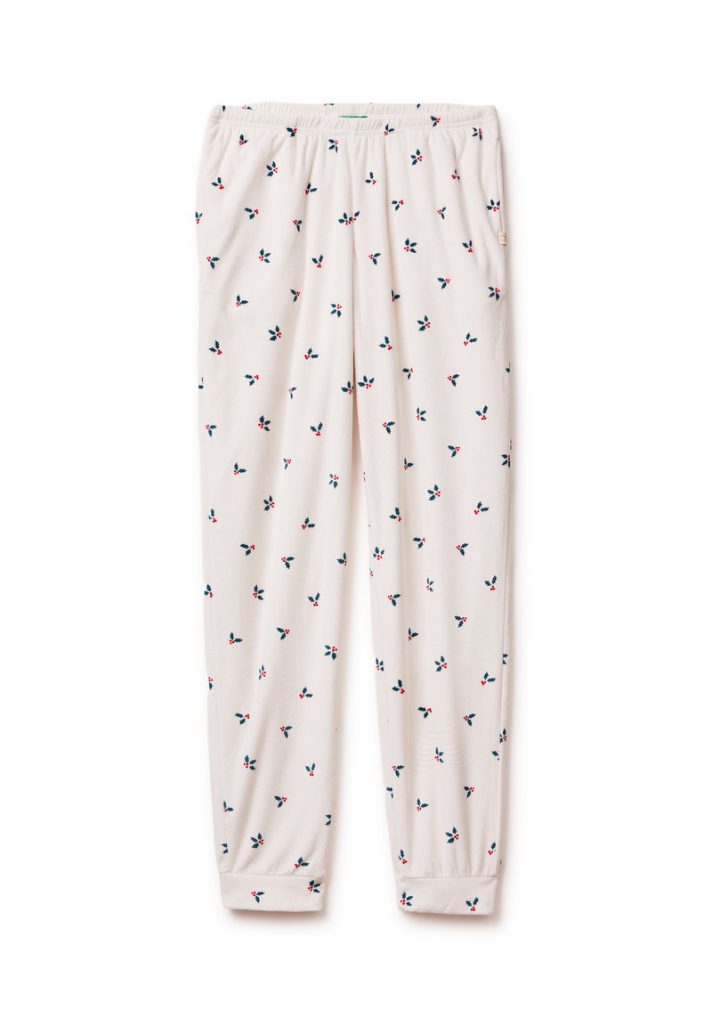 Pantaloni del pigiama color beige chiaro realizzati in tessuto morbido, con un motivo floreale ripetuto in blu navy, rosso e verde. Vita elasticizzata e gambe leggermente svasate.