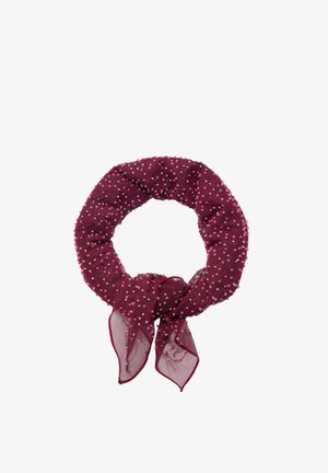 Bordowy szalik z tkaniny z okrągłym wzorem, ozdobiony małymi różowymi koralikami, z dwoma spiczastymi końcami do wiązania.