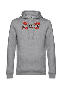 Szara bluza z kapturem wykonana z miękkiego materiału, z pikselowym logo "Minecraft" oraz unoszącymi się czerwonymi sercami na przodzie. Regulowany kaptur ze sznurkiem.