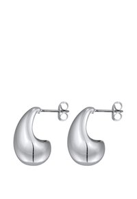Ohrringe aus silberfarbenem Metall mit einer glatten, abgerundeten Tropfenform und einem dezenten Rillendetail, ausgestattet mit einem Steckverschluss.