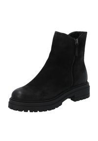 Zwarte leren enkelboot met een sierrits aan de zijkant, chunky rubberen zool, ronde neus en subtiele textuurdetails. Geschikt voor casual gebruik.