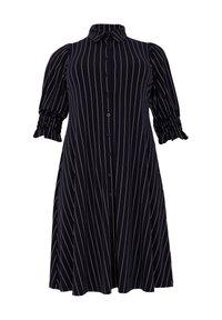 Navyblaues knielanges Hemdkleid mit weißen vertikalen Streifen, kurzen Puffärmeln mit gerafften Manschetten und einem Kragen. Ausgestellter Schnitt.