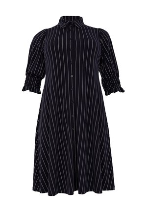 Navyblaues knielanges Hemdkleid mit weißen vertikalen Streifen, kurzen Puffärmeln mit gerafften Manschetten und einem Kragen. Ausgestellter Schnitt.