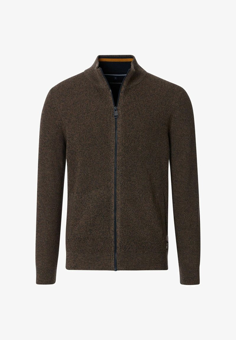 Dunkelbraune Reißverschluss-Strickjacke mit strukturiertem Strickmuster, geripptem Kragen und kontrastierender Innenkragenverkleidung. Verfügt über eine schicke, moderne Passform.