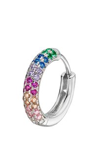 Boucle d'oreille en argent ornée d'un dégradé de pierres précieuses multicolores étincelantes dans des tons de rose, violet, bleu, vert et orange.