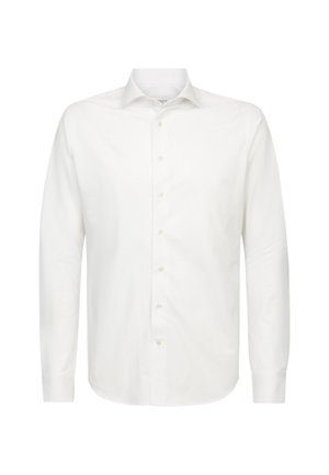 Hvid langærmet skjorte med knapper lavet af glat stof, med klassisk krave, frontplacket og knaplukning med beige knapper.