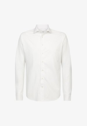 White long-sleeve button-up shirt made of smooth fabric, featuring a classic collar, front placket, and button closure with beige buttons.
