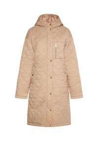 Beige gewatteerde jas met een capuchon, drukknoopsluitingen en een ritszak op de borst. Kenmerkt zich door een gladde textuur en een diamante patroon over het geheel.