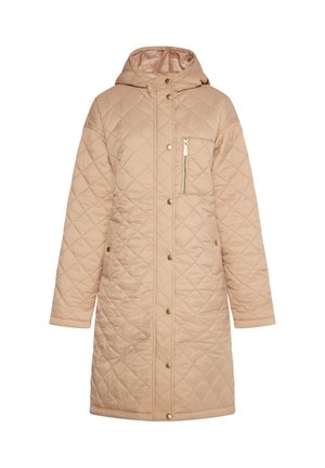 Manteau beige matelassé avec capuche, fermetures à pression et poche poitrine zippée. Pr�ésente une texture lisse et un motif en losanges sur l'ensemble.