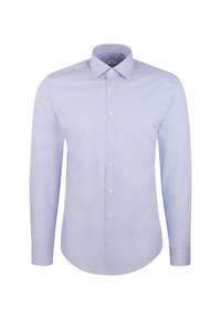 Camicia azzurra a maniche lunghe con un piccolo motivo a diamante, colletto con bottoni e chiusura frontale a bottoni. Realizzata in tessuto morbido.