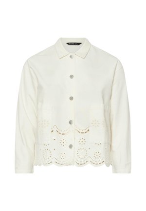 White cotton jacket with a collar, silver buttons, and floral embroidery on the hem and pockets. Features a slightly relaxed fit.