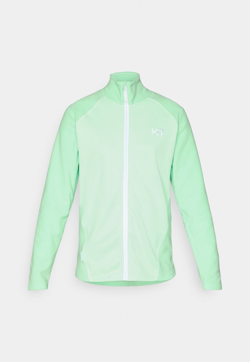 Mintgrön zip-up fleecejacka med hög krage och långa ärmar på en enfärgad vit bakgrund.