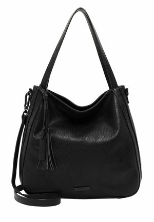 Sac à main en cuir noir avec texture perforée, longues et courtes poignées, et pompons décoratifs sur fond blanc.