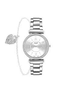 Silberne Armbanduhr mit rundem Ziffernblatt, Kristallverzierungen, römischen Ziffern und einem Gliederarmband mit einem herzförmigen Anhänger.