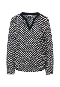 Maglietta a maniche lunghe blu navy con scollo a V, caratterizzata da un motivo geometrico bianco, polsini elasticizzati e un orlo arricciato.