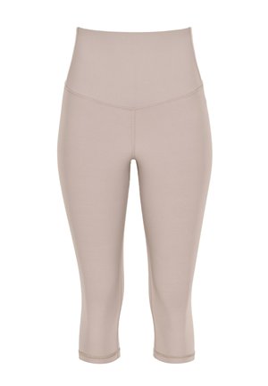 Leggings beige a vita alta, corti e aderenti, con cuciture piatte, progettati per un uso sportivo o casual.