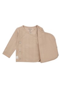 Beige geribd langemouwen wikkelshirt met drukknoopsluitingen aan de linkerkant, voorzien van een ronde kraag en een logo-opdruk aan de onderkant.