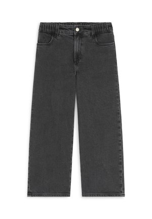 Jean noir à jambes larges avec taille élastique, bouton devant, fermeture éclair et deux poches avant sur fond blanc.