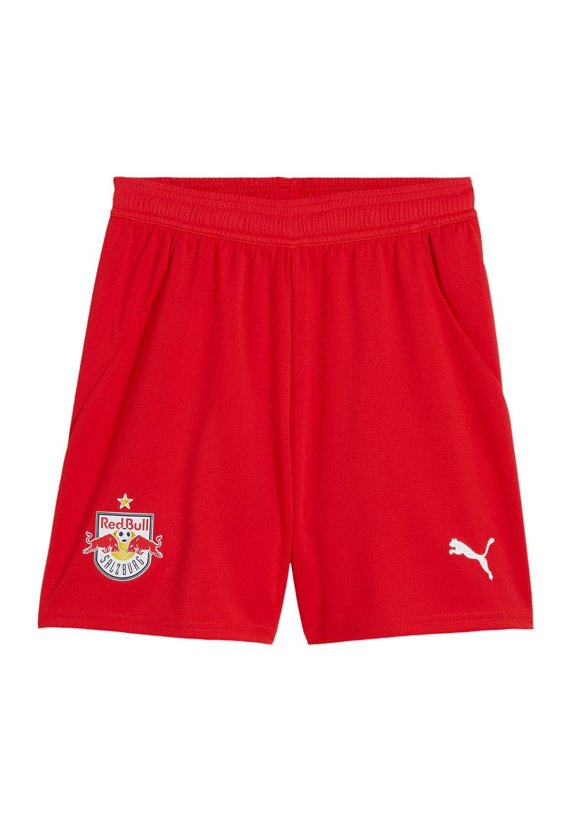 Pantaloni corti sportivi rossi realizzati in tessuto leggero, caratterizzati da un vivace colore rosso, vita elasticizzata, tasche laterali e un logo Puma bianco.