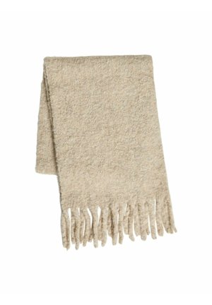 Beige wool scarf with a textured finish and fringed edges, featuring a soft, warm appearance and rectangular shape.